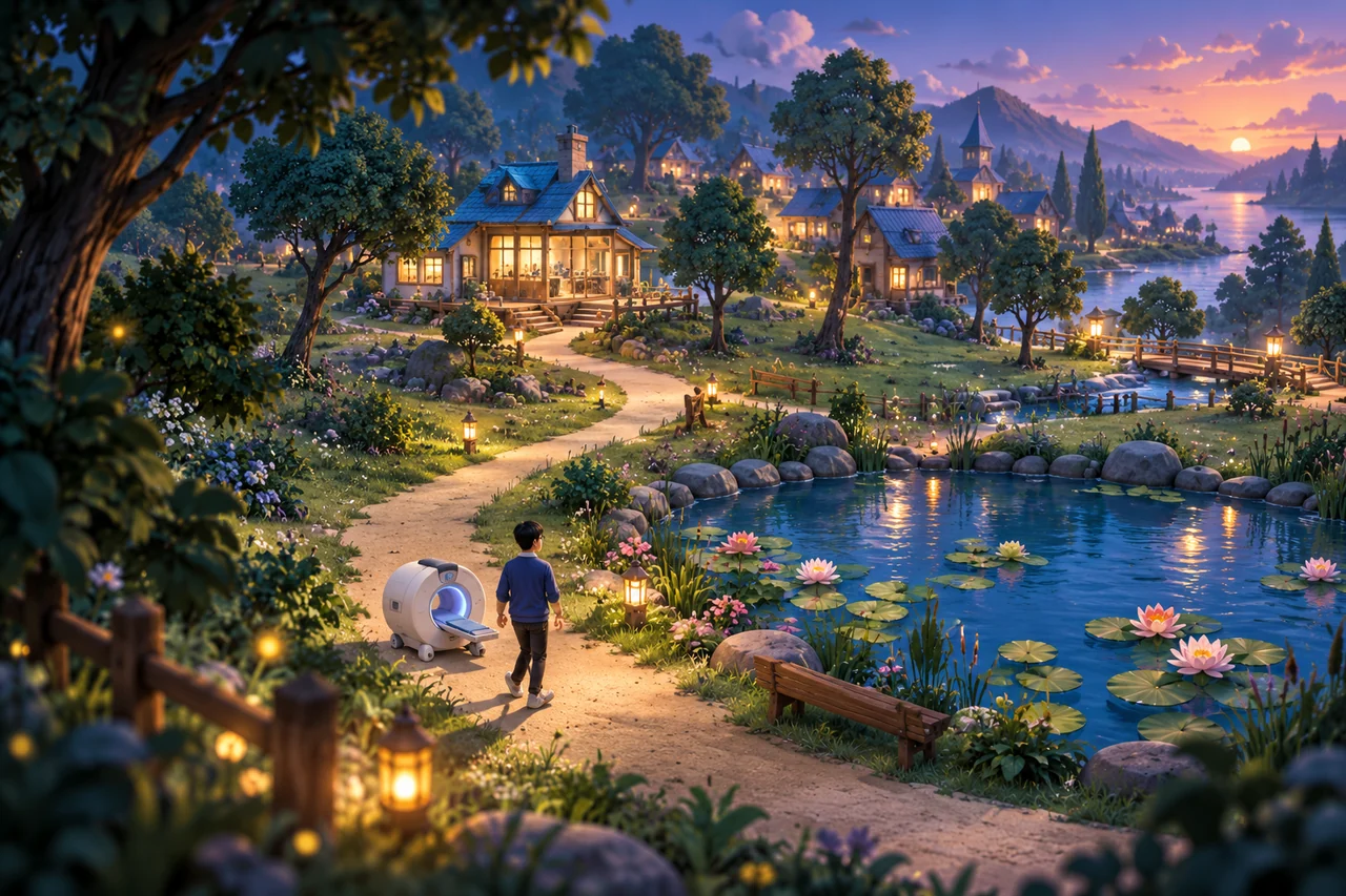 An illustrated evening in the village: Ke and his little MRI companion wander beside a glowing waterlily pond.